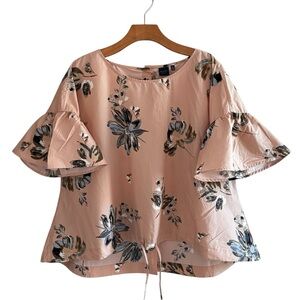 Kaari Blue Peach Ruffle Flutter Sleeve Top Xl Waist Tie